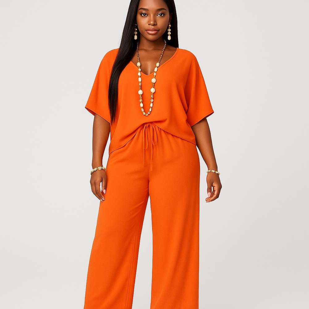 Orange 2-Piece Lounge Set | 100% Rayon | Wide-Leg Pants & Relaxed Top | Sizes L